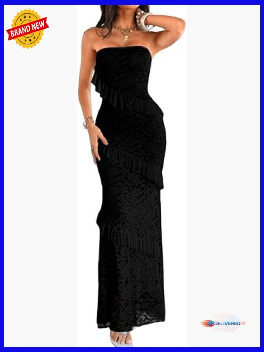 Strapless Tiered Maxi Dress, Floral Lace Ruffle, Wedding Guest Formal
